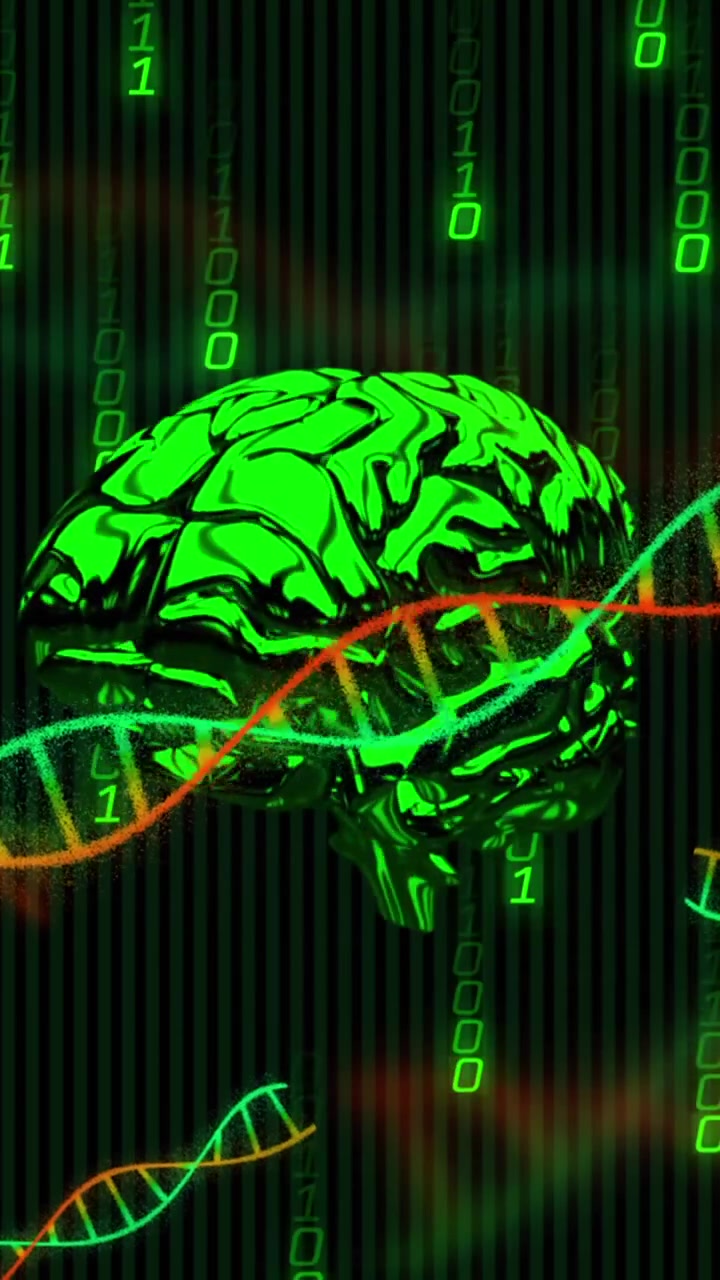 Animation of data processing and brain on black background