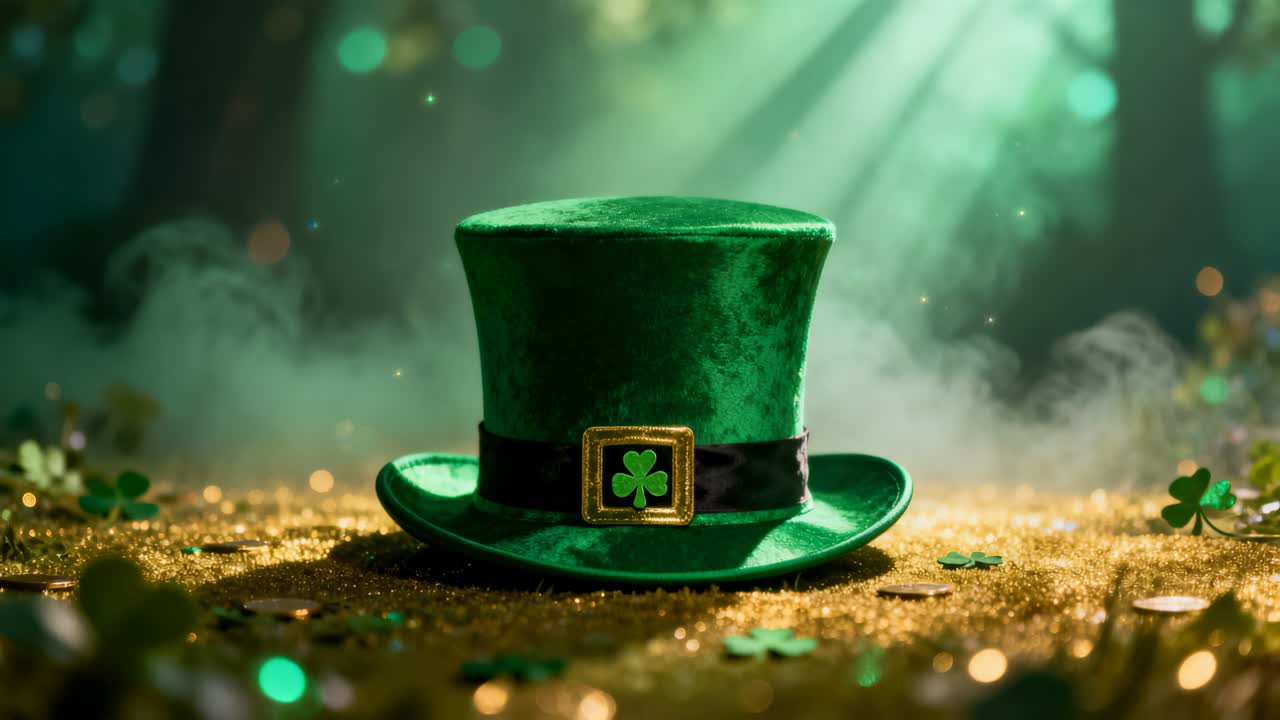 Light brightening, zoom evoking magic, green velvet hat sitting in glade amid shamrocks, coins