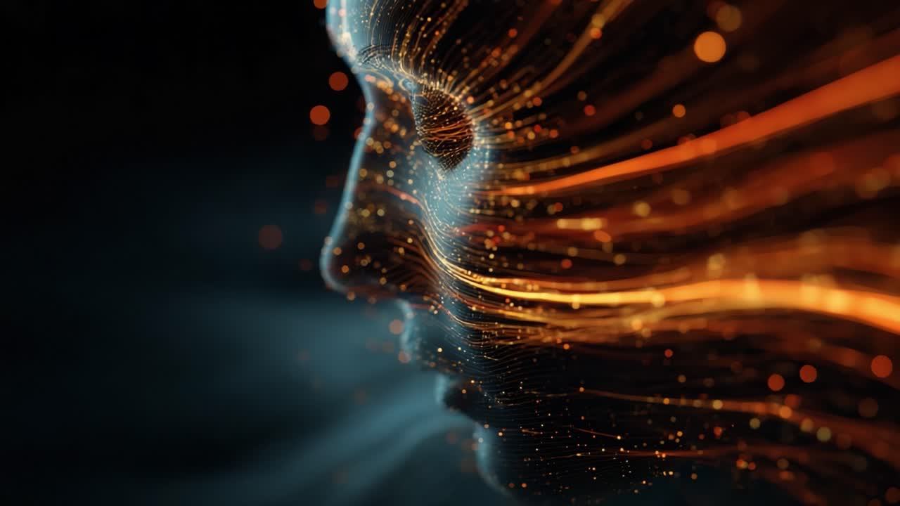 A mesmerizing digital representation of an illuminated face, with flowing lines of light that create a sense of movement and depth, showcasing a fusion of technology and artistry in a stunning visual composition