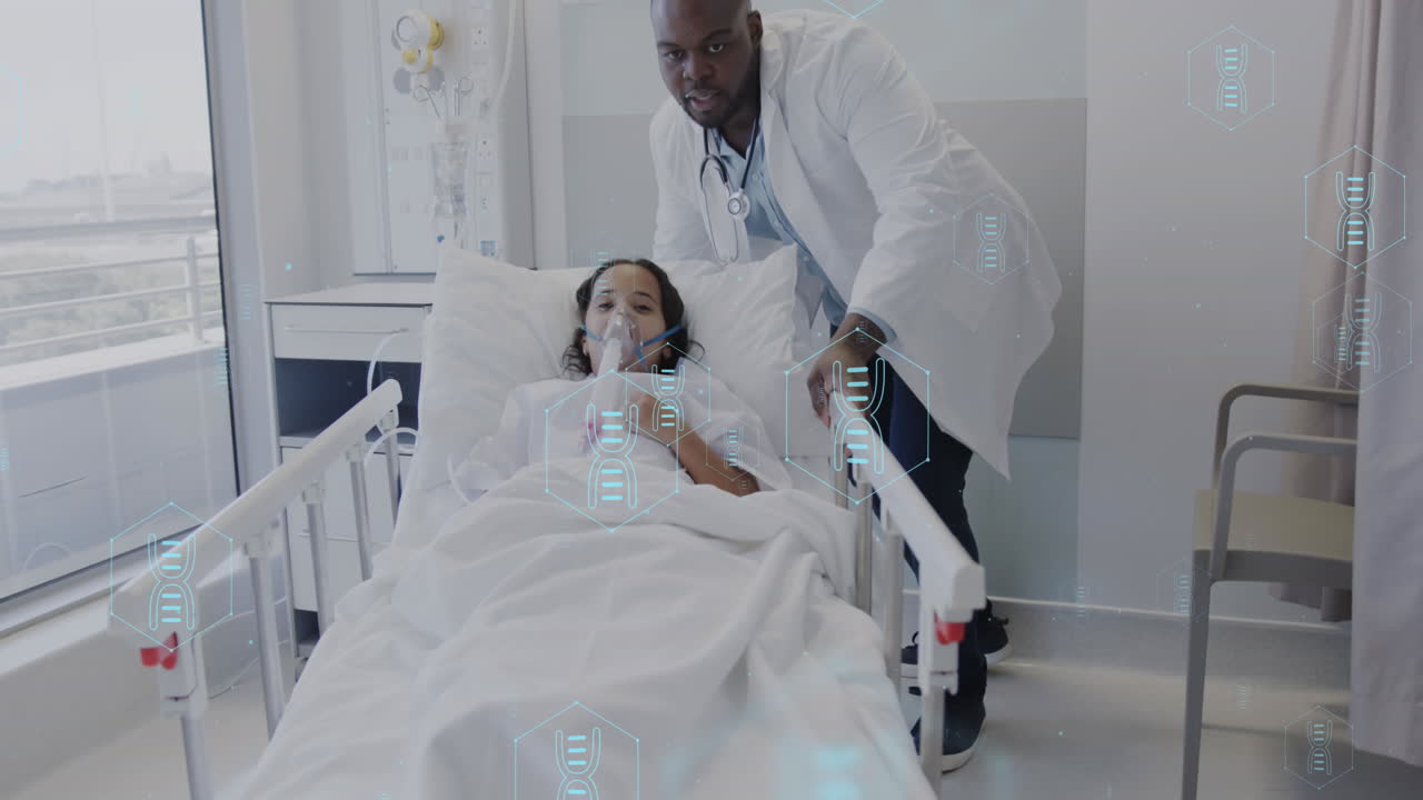 animación de la red de iconos médicos y procesamiento de datos sobre médico afroamericano