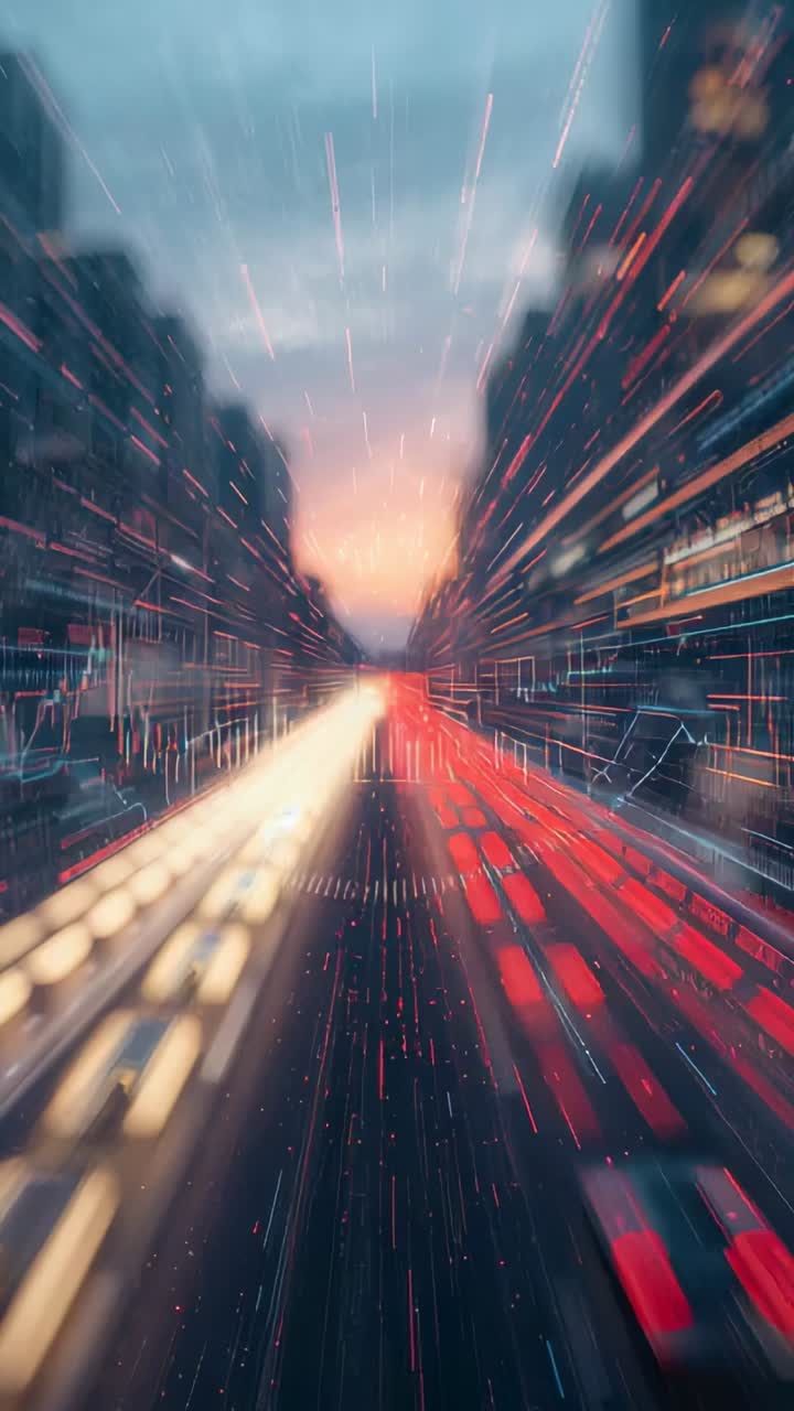 Vertical video: Moving white and red light trails racing down city ave at dusk, with wet lens drops