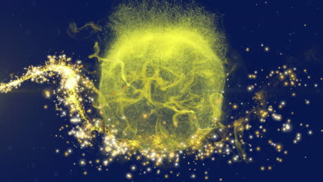 animation of shooting star over yellow glowing globe on dark background