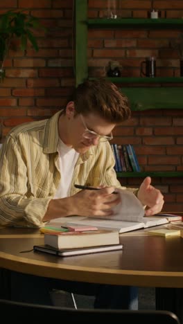 joven estudiando en una mesa de café