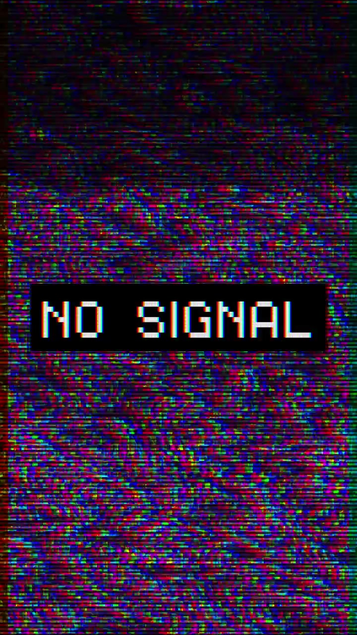 No signal vhs glitch background with noisy colored static pixel text and dark broadcast error
