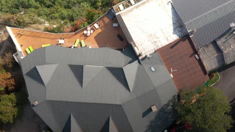 gorgeous bird's eye tracking shot of the hotel overlooking the verdon gorge in france