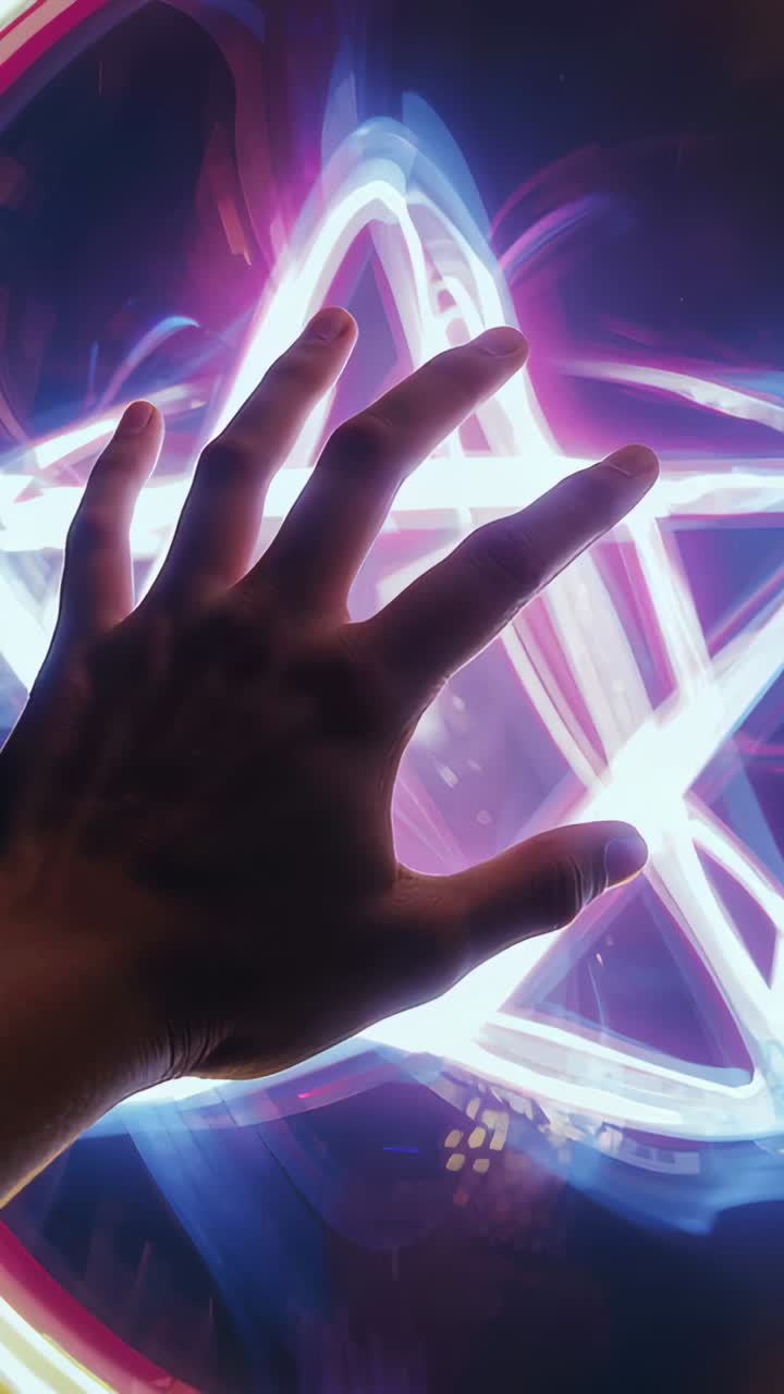 Vertical video: Entering hand reaching toward neon pentagram in dim room, with glowing star light