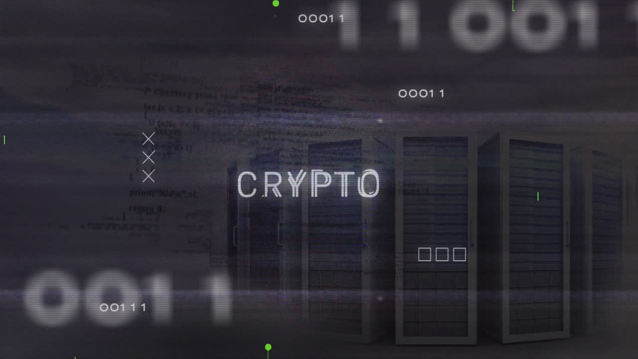 Animation of crypto text, binary codes, computer language over data server racks