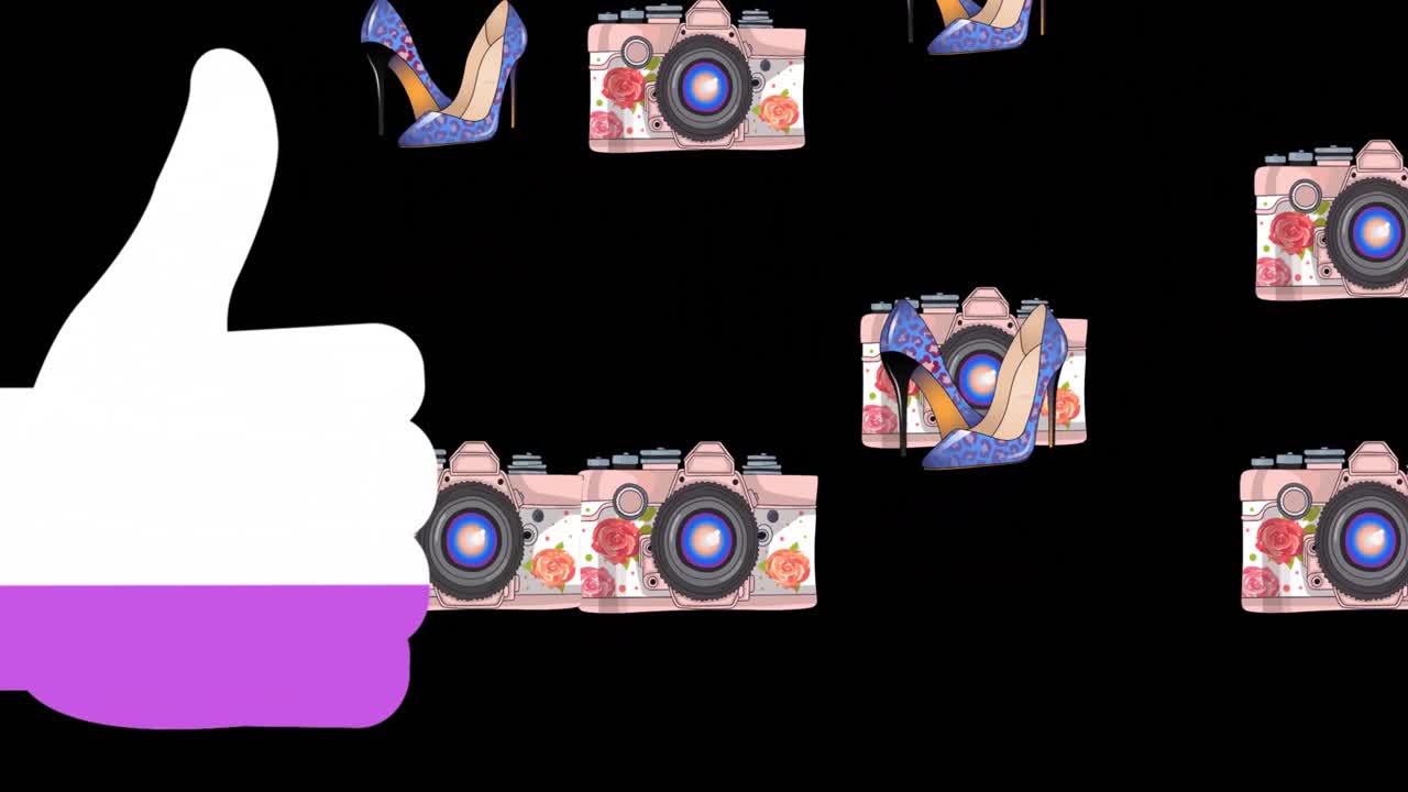 검은 바탕에 스레토와 카메라 아이콘 위에 엄지손가락을 올리는 애니메이션