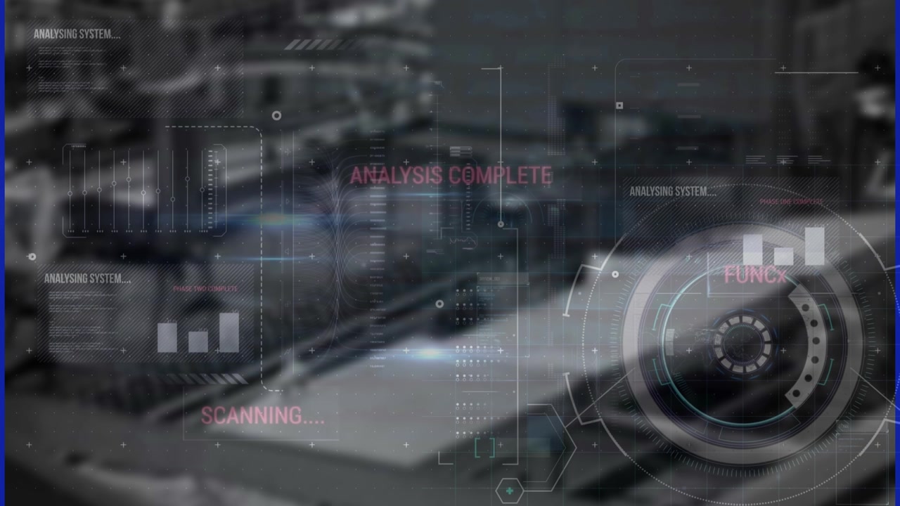 Animation of digital screen with diverse data and analysis completed over blurred warehouse