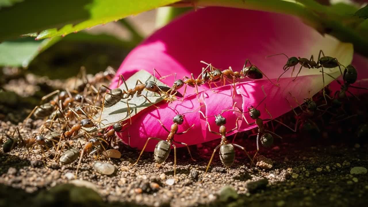 A Close-Up Observation of Ants Scavenging on a Vibrant Pink Petal, Showcasing Their Intricate Social Behavior and Daily Foraging Activities