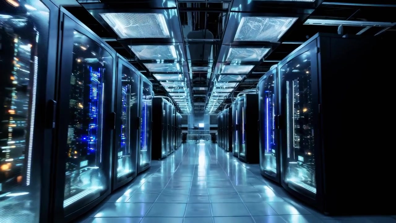 Bevæger sig gennem et moderne datacenter med blinkende serverracks