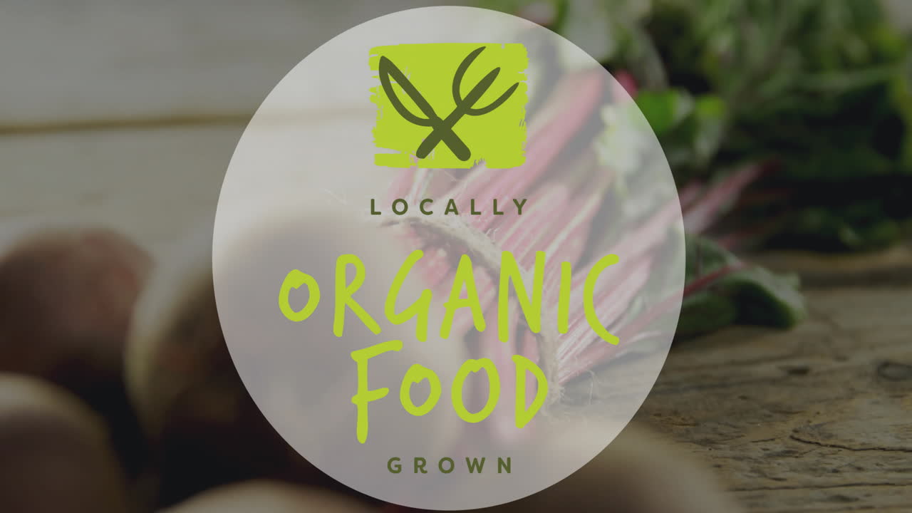 Locally grown organic food animation over fresh vegetables on wooden table