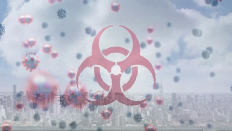 Animation-of-biohazard-and-virus-cells-over-cityscape