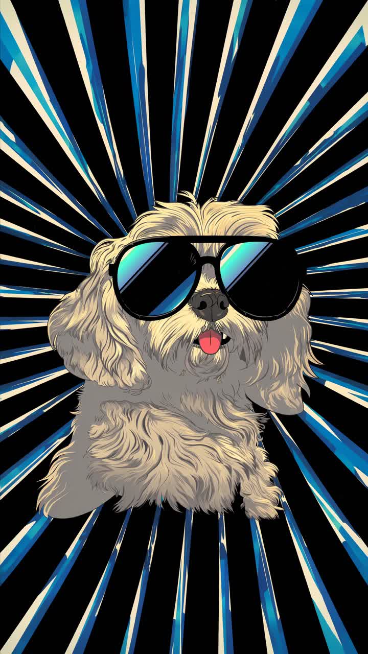 Illustrazione stilizzata di un cane che indossa occhiali da sole, visto da un'angolazione bassa.