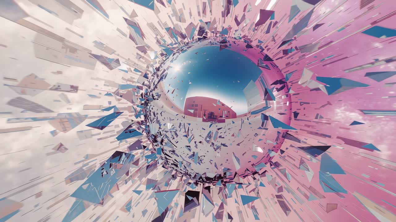 Internal energy causing reflective sphere cracking and shedding shards through gradient backdrop