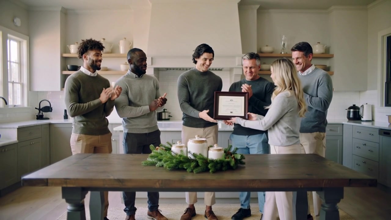 Clapping five men in sweaters receiving framed award in kitchen after woman entering carrying it