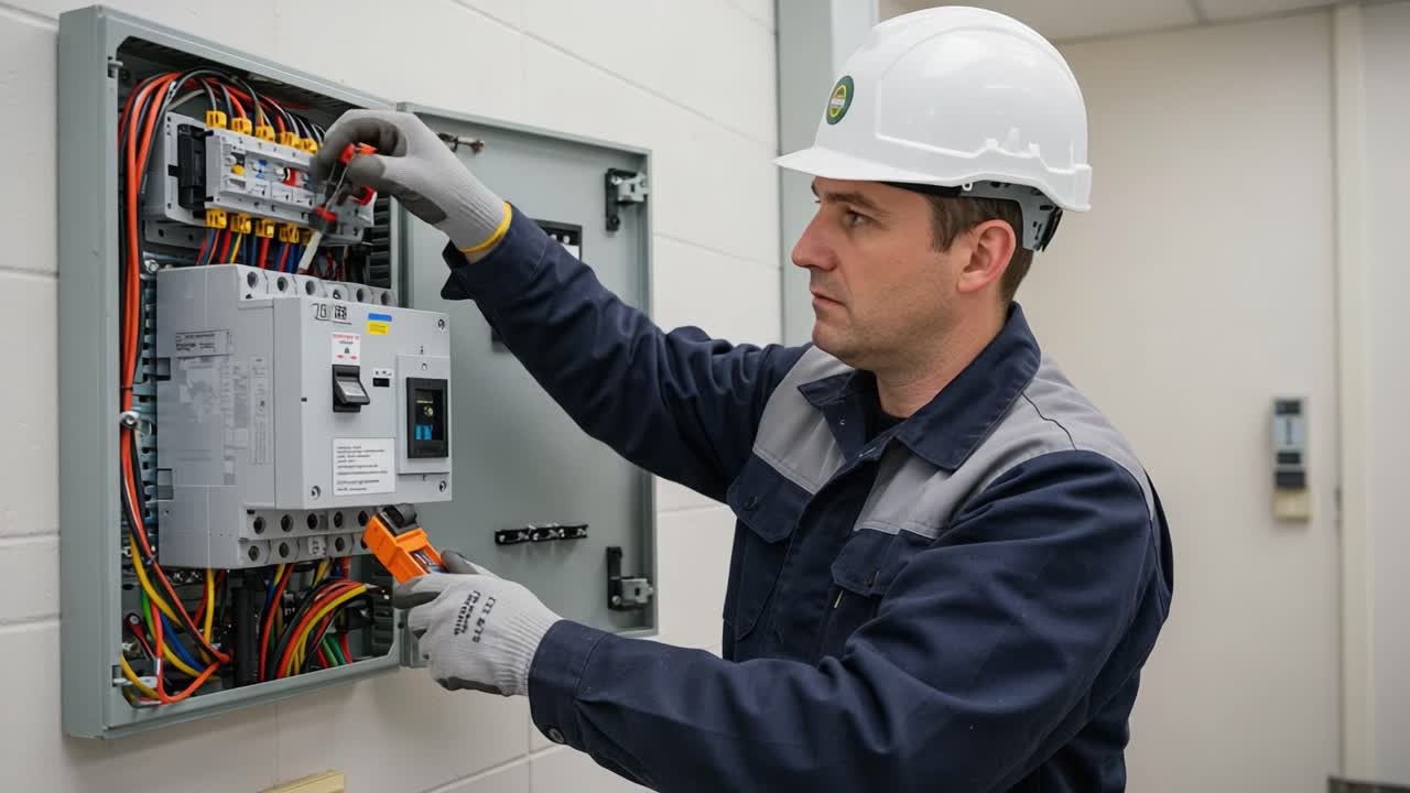 A Skilled Technician Adjusting Electrical Circuitry in a Control Panel, Ensuring Safety and Efficiency in Electrical Systems Maintenance and Operations
