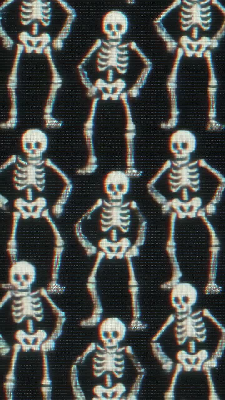 A video-style close-up of pixelated dancing skeletons, captured from a screen at a straight angle