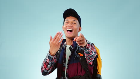 backpacker, man or tourist pointing at you