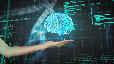 animation of hand holding digital brain and dna strands over data processing on black background