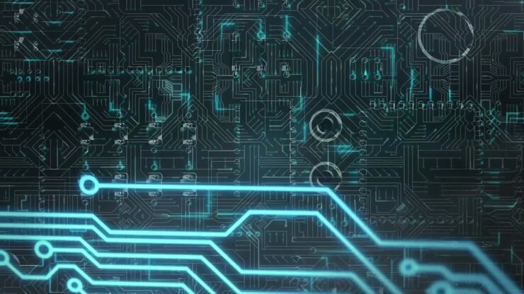 Animation of data processing on glowing computer circuit board