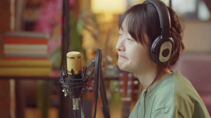 Giovane donna asiatica che registra un podcast