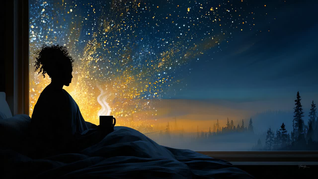 A Serene Nightscape: A Silhouette in Bed Enjoying a Hot Beverage While Gazing at a Starry Sky and a Dazzling Display of Cosmic Light and Colors from the Window
