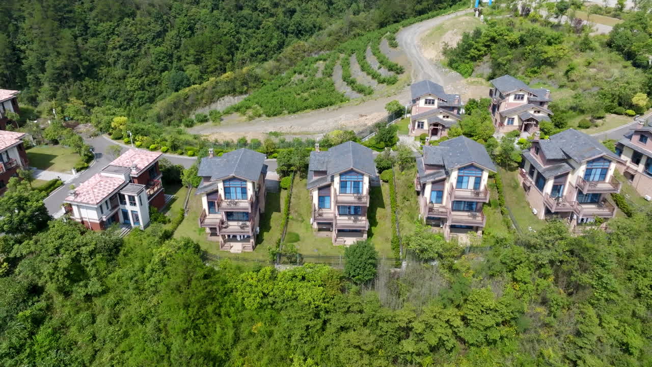 Aerial tracking shot in front of holiday homes, in the mountains of sunny China