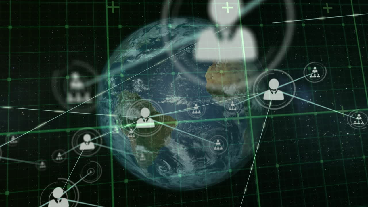 анимация сети соединений с иконами по всему миру на черном фоне