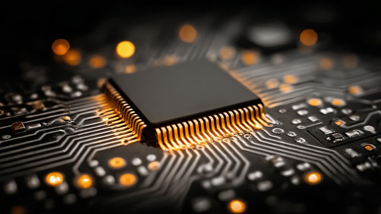 Close-up view of a microchip on a complex circuit board, highlighting intricate connections and glowing elements that represent advanced technology and innovation