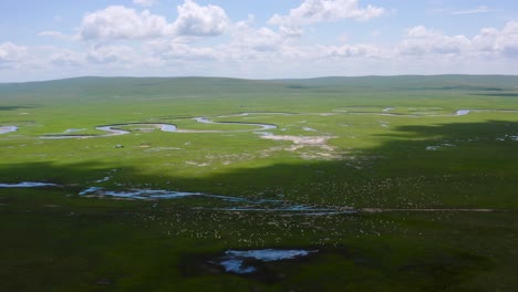 livestock graze near meandering rivers and oxbows under the shadow of clouds in mongolia grassland