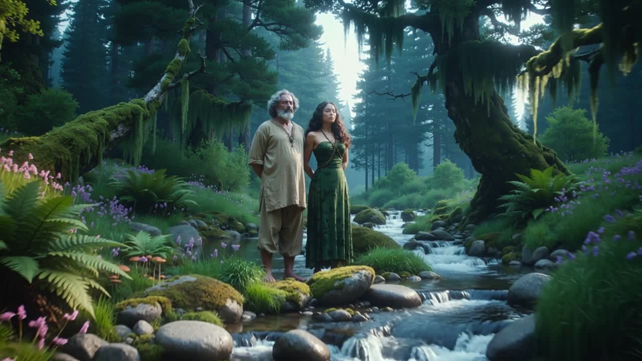La telecamera si allontana per rivelare un ruscello muschioso, con una coppia in piedi su una roccia coperta di muschio e la donna in abito verde.