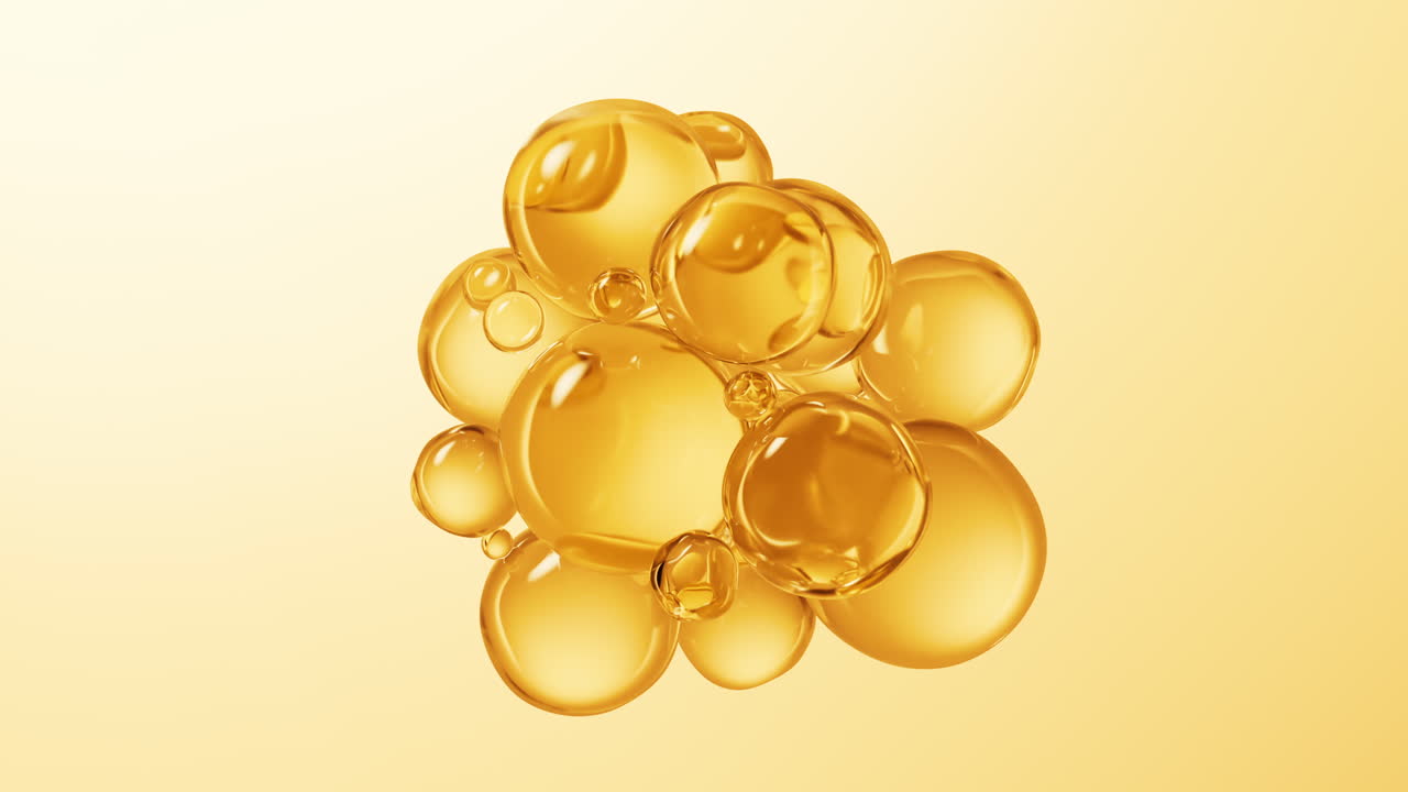 Sfondo con bolle di liquido dorato trasparente, rendering 3D