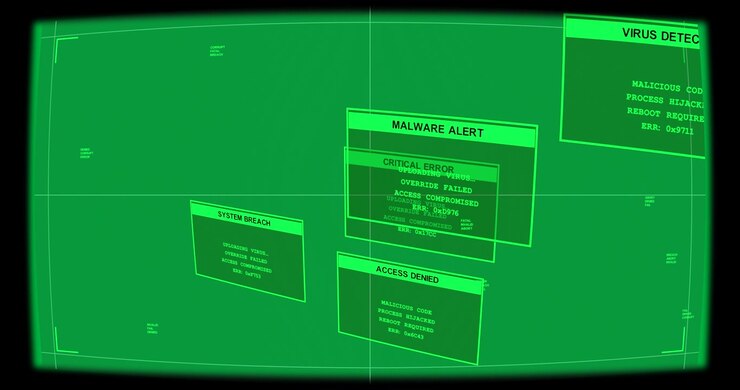 CRT transparent HUD detecting small text sliding green alerts stacking and showing malware breach