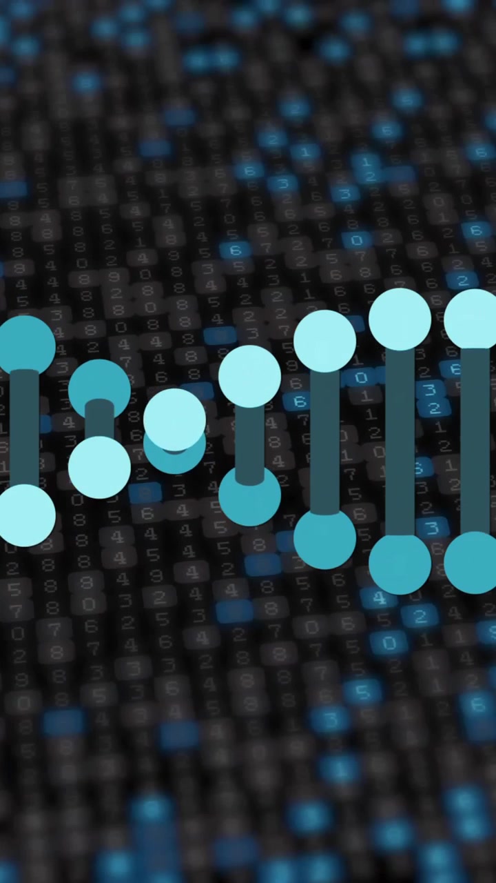 Animation of rotating blue dna strand over blue twinkling lights on dark background
