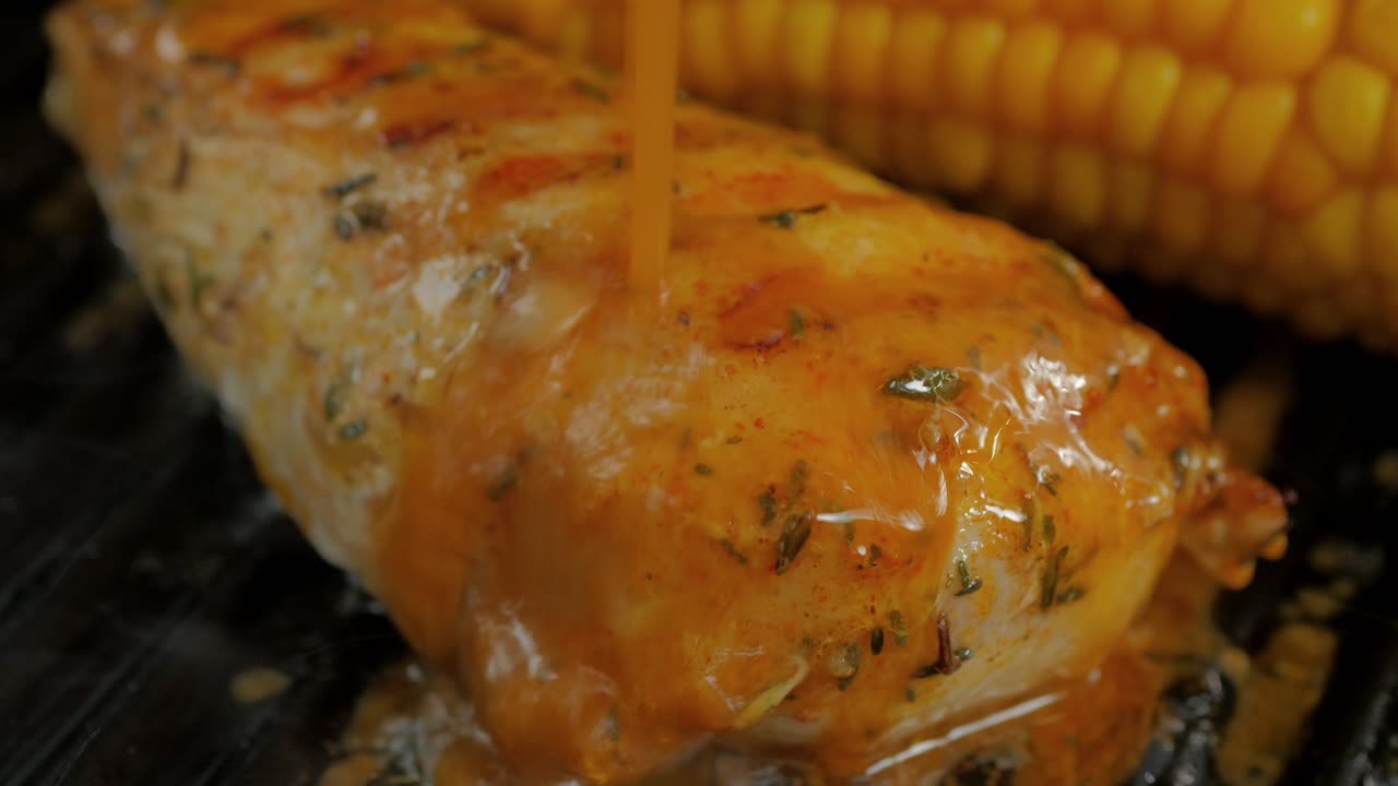 una pechuga de pollo deliciosamente sazonada que se fríe en una sartén de hierro caliente