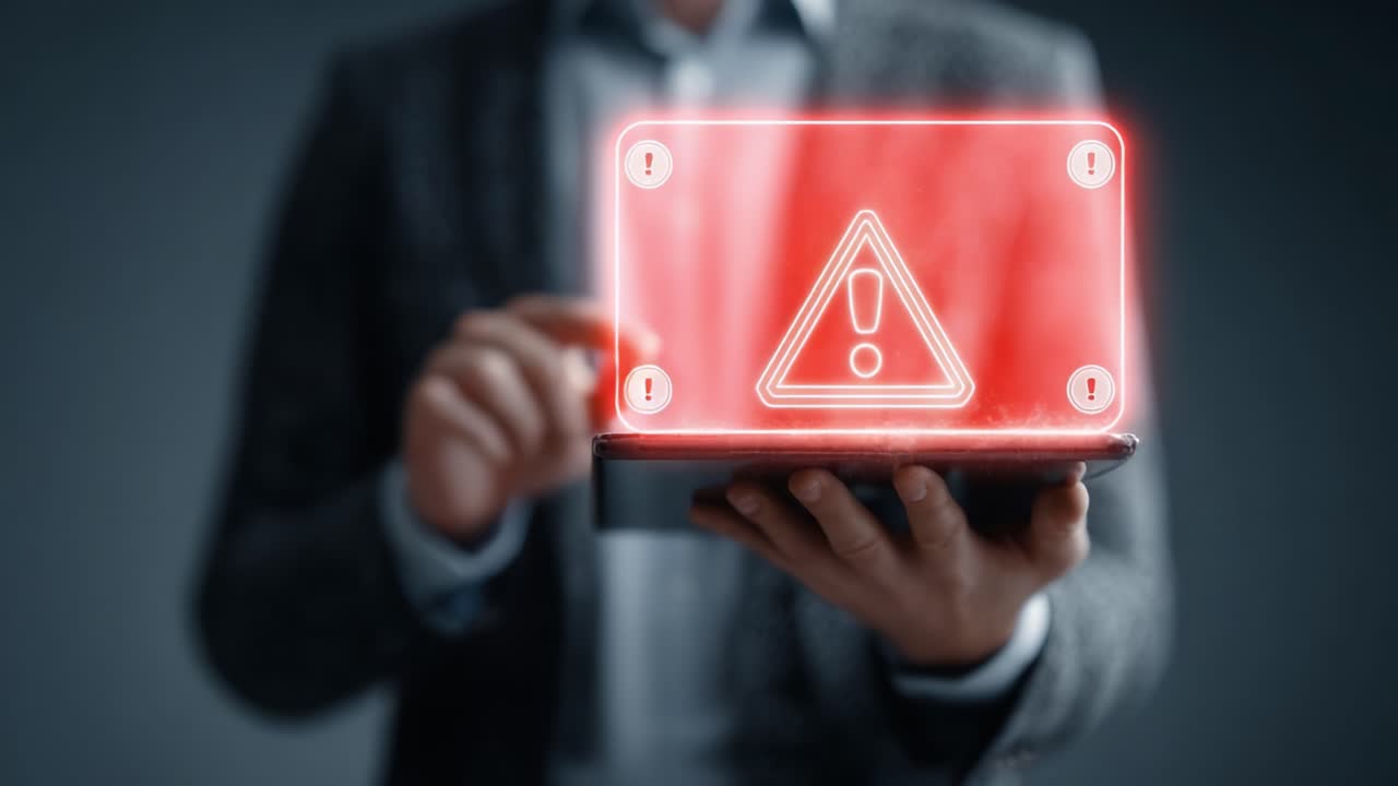 A Person Holding a Tablet Displaying a Red Warning Symbol, Emphasizing Urgent Alerts and Notifications in a Modern, High-Tech Environment