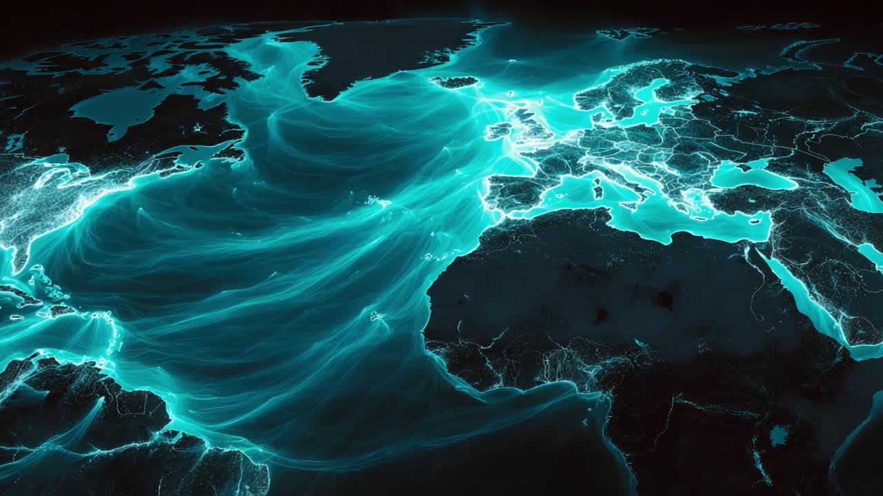 Digital animation of a world map with glowing cyan ocean currents flowing across the Atlantic. This visualization represents global data streams, climate patterns, or marine ecosystems