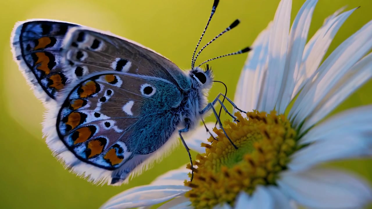 Farfalla azzurra comune che si nutre su un fiore di margherita bianca