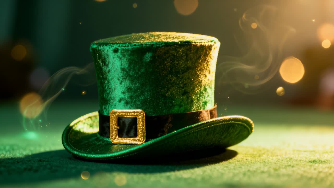 Shifting camera bringing green velvet top hat into warmer light on table, showing smoke and buckle