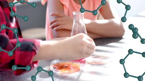 mixing liquid in beaker, children conducting experiment, molecular structures over scene