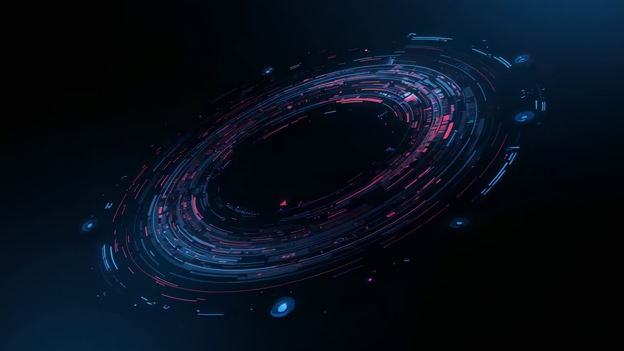 Starting sequence, holographic data ring rotating in dark void with orbiting nodes, simulating data
