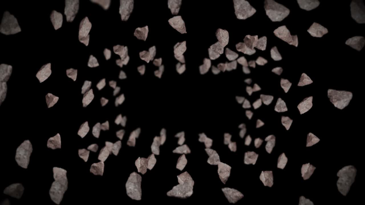 Flying many rock stone on black background. Broken splash explosion. Challenge concept. 3D animation of stone splash rotating. Loop animation.