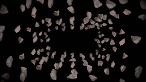 volando muchas piedras de roca en fondo negro. explosión de salpicaduras rotas. concepto de desafío. animación 3d de salpicadas de piedra girando. animación de bucle.