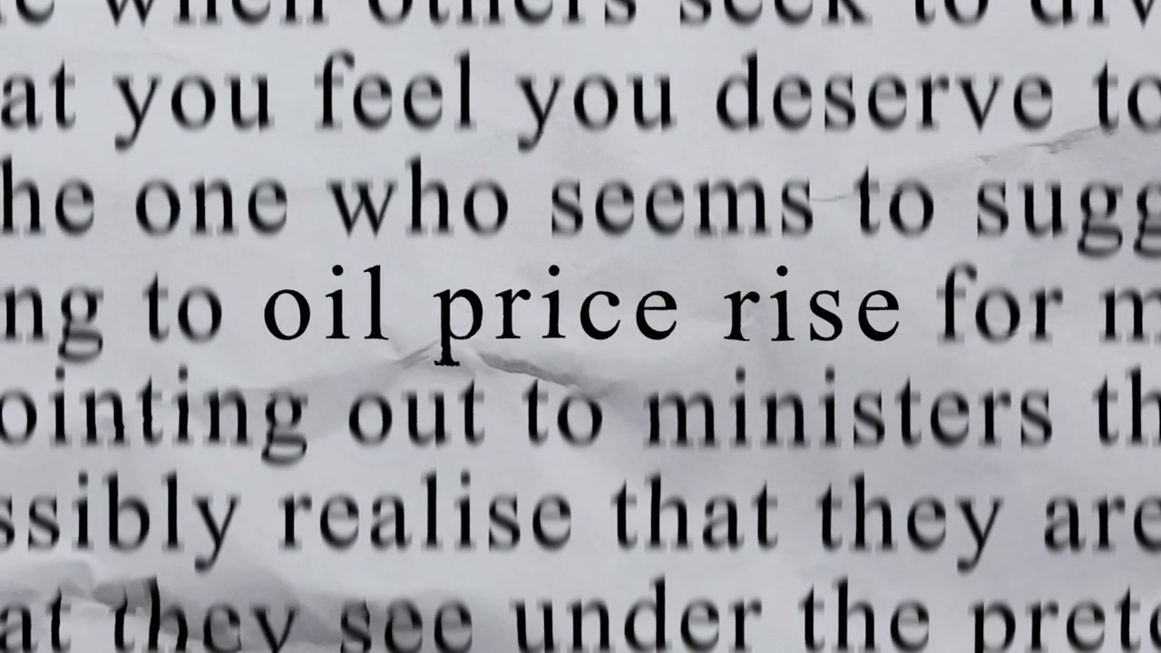 OIL PRICE RISE Text in Centre with High-energy Fast Text Stop-Motion Writing Cycling Rapidly on Crinkled Texture Paper. Newspaper Cuttings Style animation.