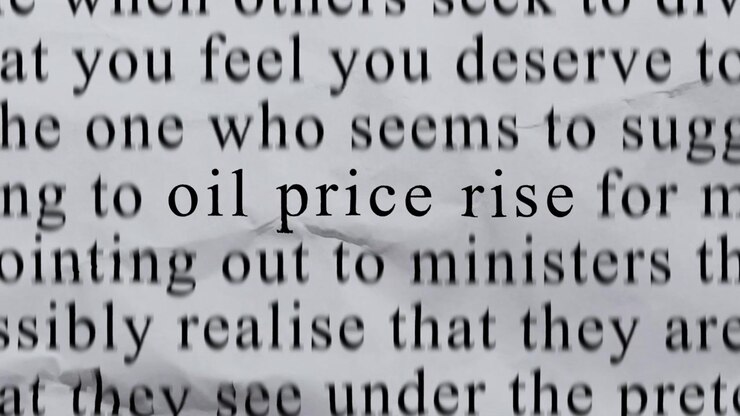 OIL PRICE RISE Text in Centre with High-energy Fast Text Stop-Motion Writing Cycling Rapidly on Crinkled Texture Paper. Newspaper Cuttings Style animation.