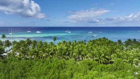 panorámica de la derecha a la izquierda del marco que muestra la pintoresca playa de bávaro donde se pueden ver yates y veleros en la isla de la república dominicana