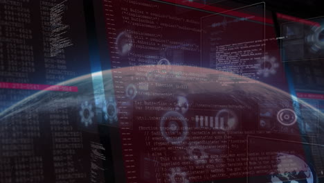 animation of data processing on screen and scopes scanning over planet earth