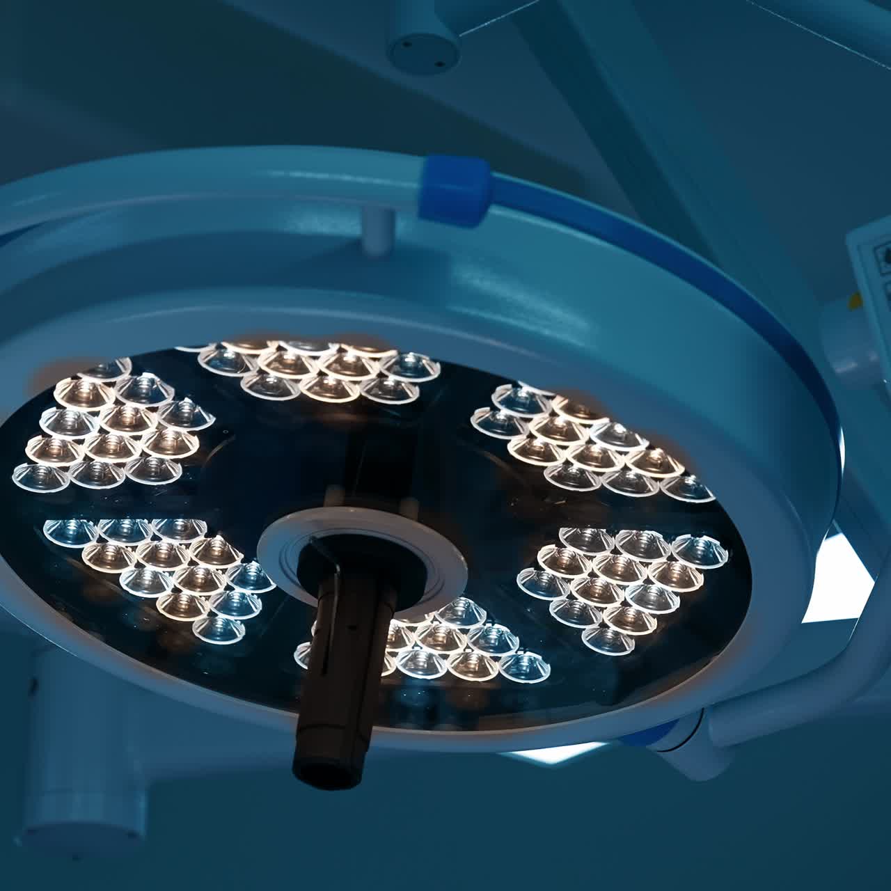 Special lamp hanging in modern operational room. Switched on equipment from low angle perspective