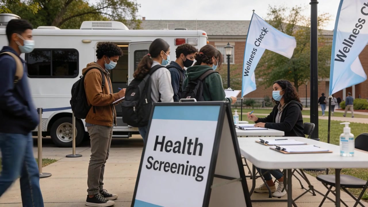 Seeing Health Screening sign, masked students lining up at campus quad, staff checking clipboards